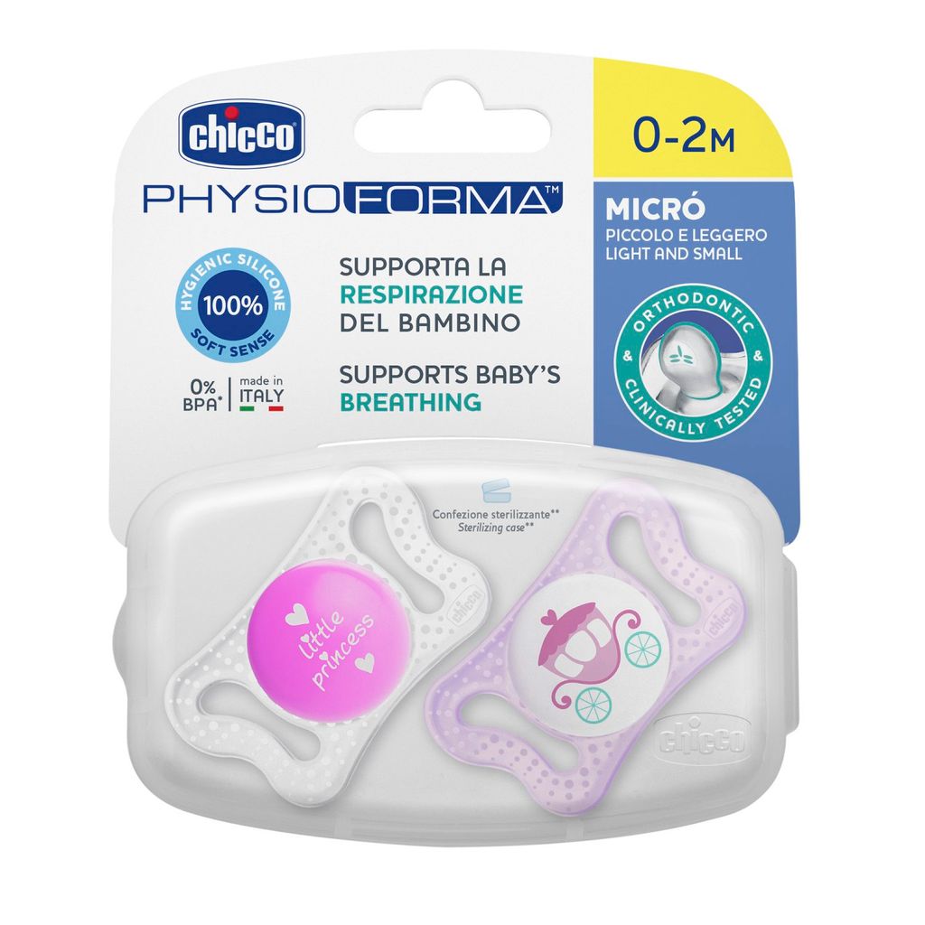 Chicco Physio Micro Пустышка силиконовая ортодонтическая, 0-2 месяца, розового цвета, 2 шт.