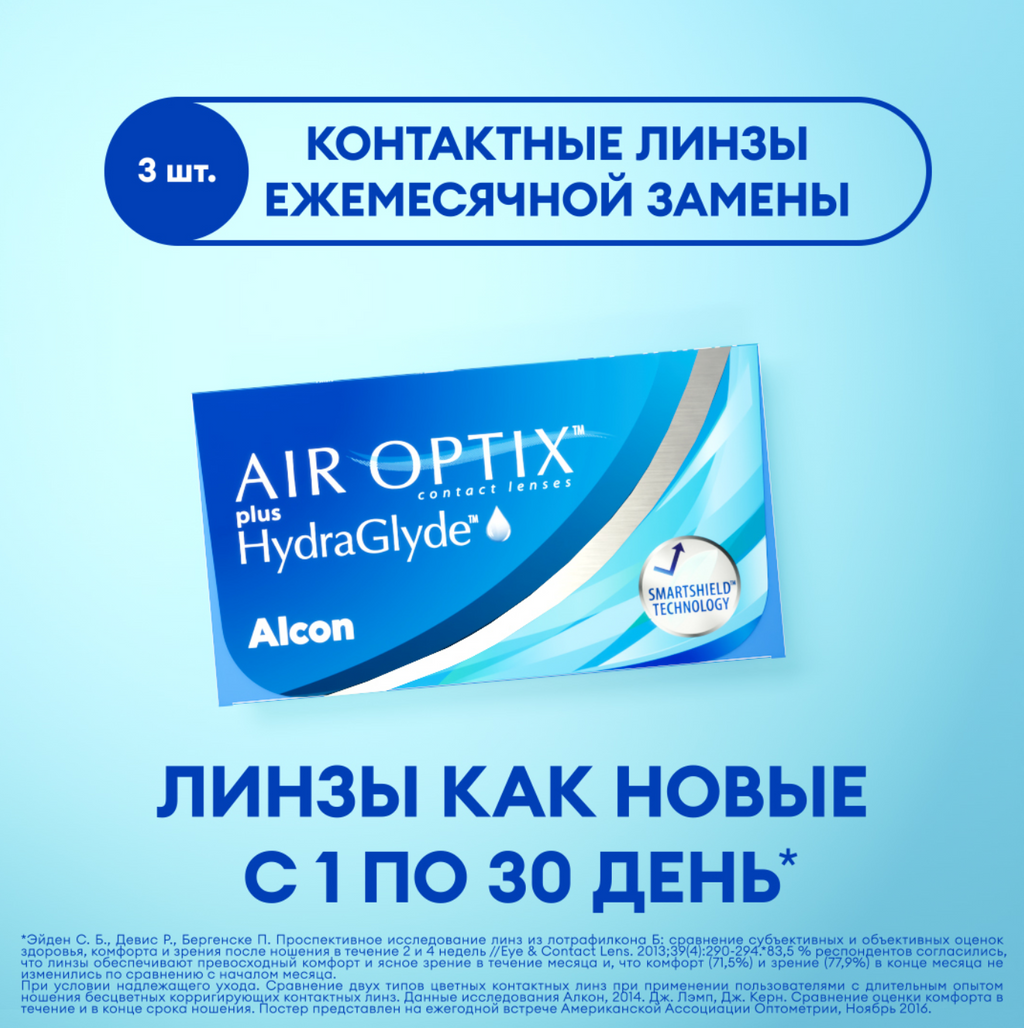 Alcon Air Optix Plus HydraGlyde Линзы контактные, BC=8.6 d=14.2, D(-4.00), 3 шт.