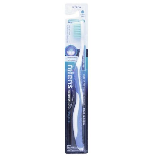 Dental Care Зубная щетка cо сверхтонкой двойной щетиной Ксилит, средней и мягкой жесткости, с синей изогнутой ручкой, 1 шт.