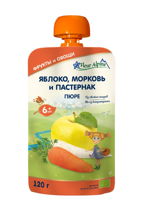 Fleur Alpine Органик Пюре яблоко-морковь-пастернак, для детей с 6 месяцев, пюре, 120 г, 1 шт.