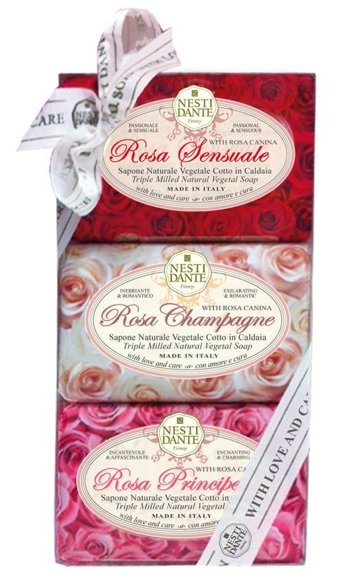 Nesti Dante Мыло, набор, роза принцесса + роза чувственная + роза шампань, 150 г, 3 шт.