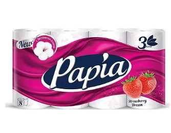 Papia Туалетная бумага 3х-слойная белая, с ароматом Strawberry Dream, 8 шт.